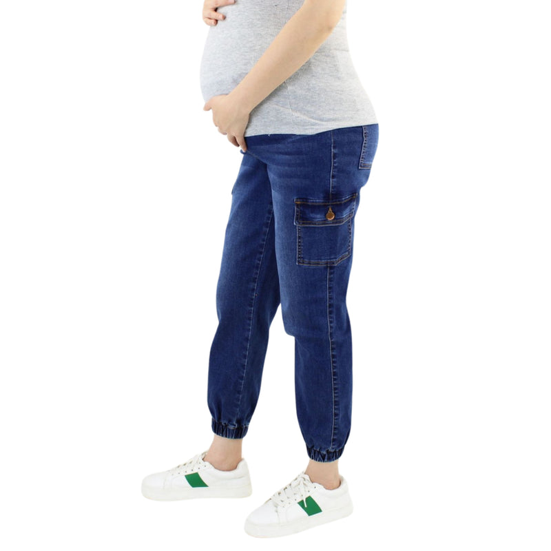 Denim Maternity Cargo Jeans with Side Pockets