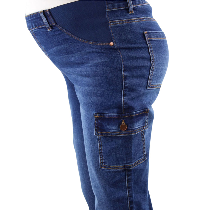 Denim Maternity Cargo Jeans with Side Pockets