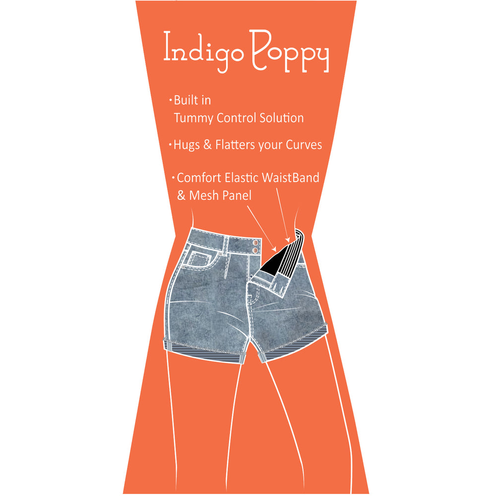 Light Acid Wash Tummy Control Shorts with Roll Fray Hem – Indigo Poppy