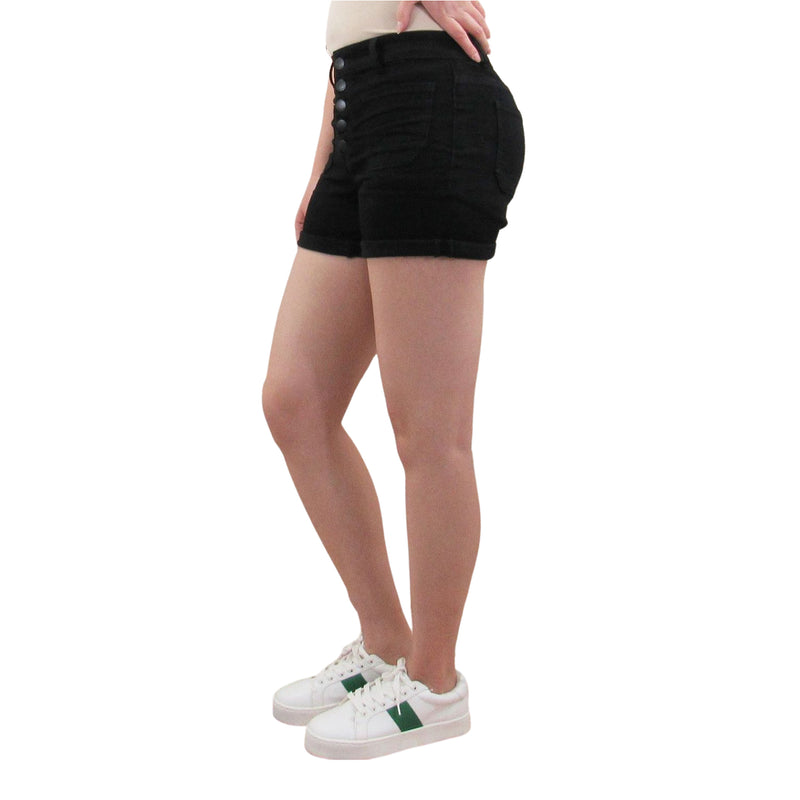 Black Shorts with Five Buttons and Roll Cuffed Hem