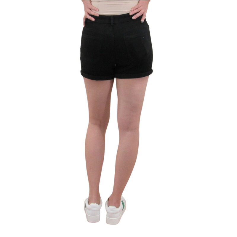 Black Shorts with Five Buttons and Roll Cuffed Hem