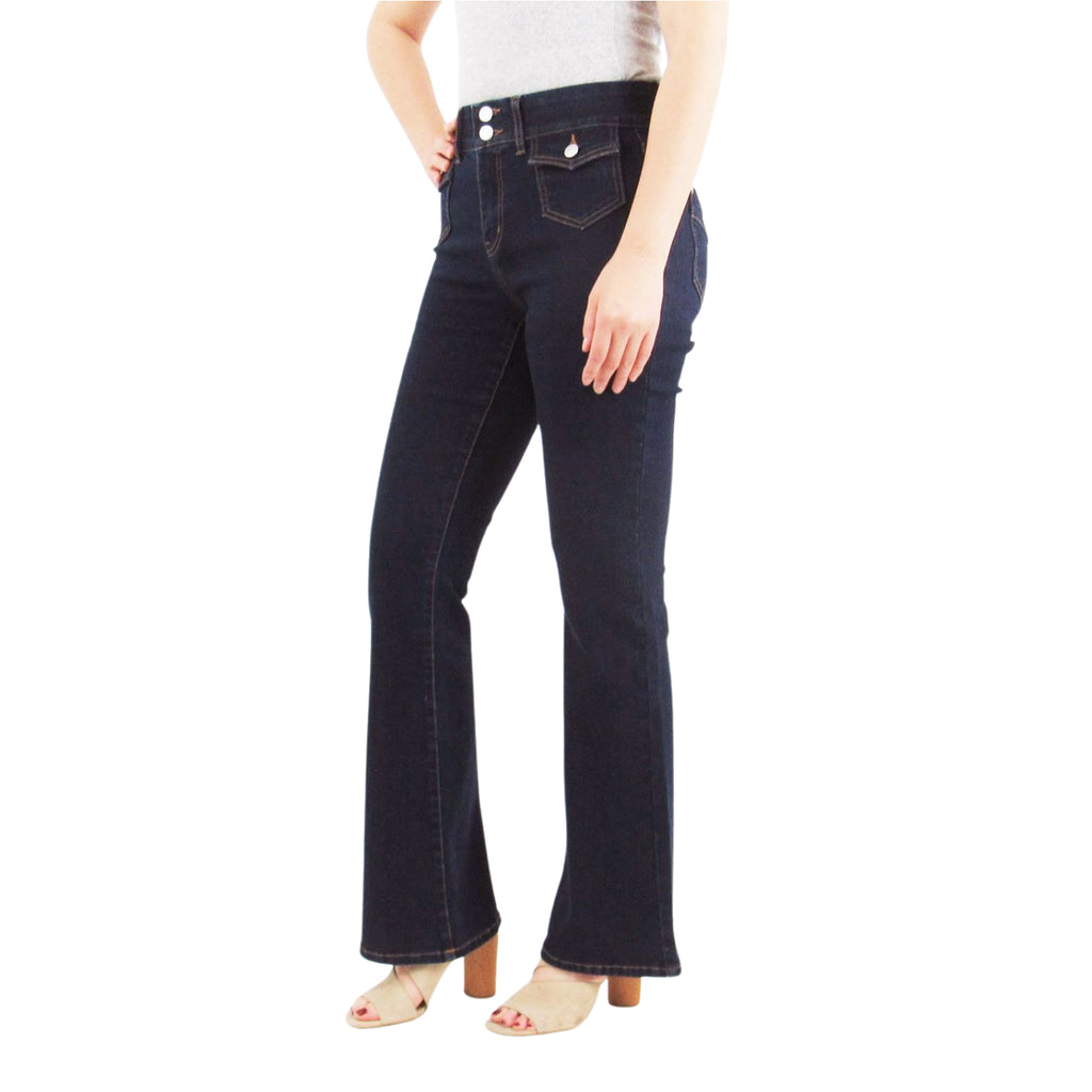 Dark Wash Double Button Tummy Control Bootcut with Front Flap Pockets