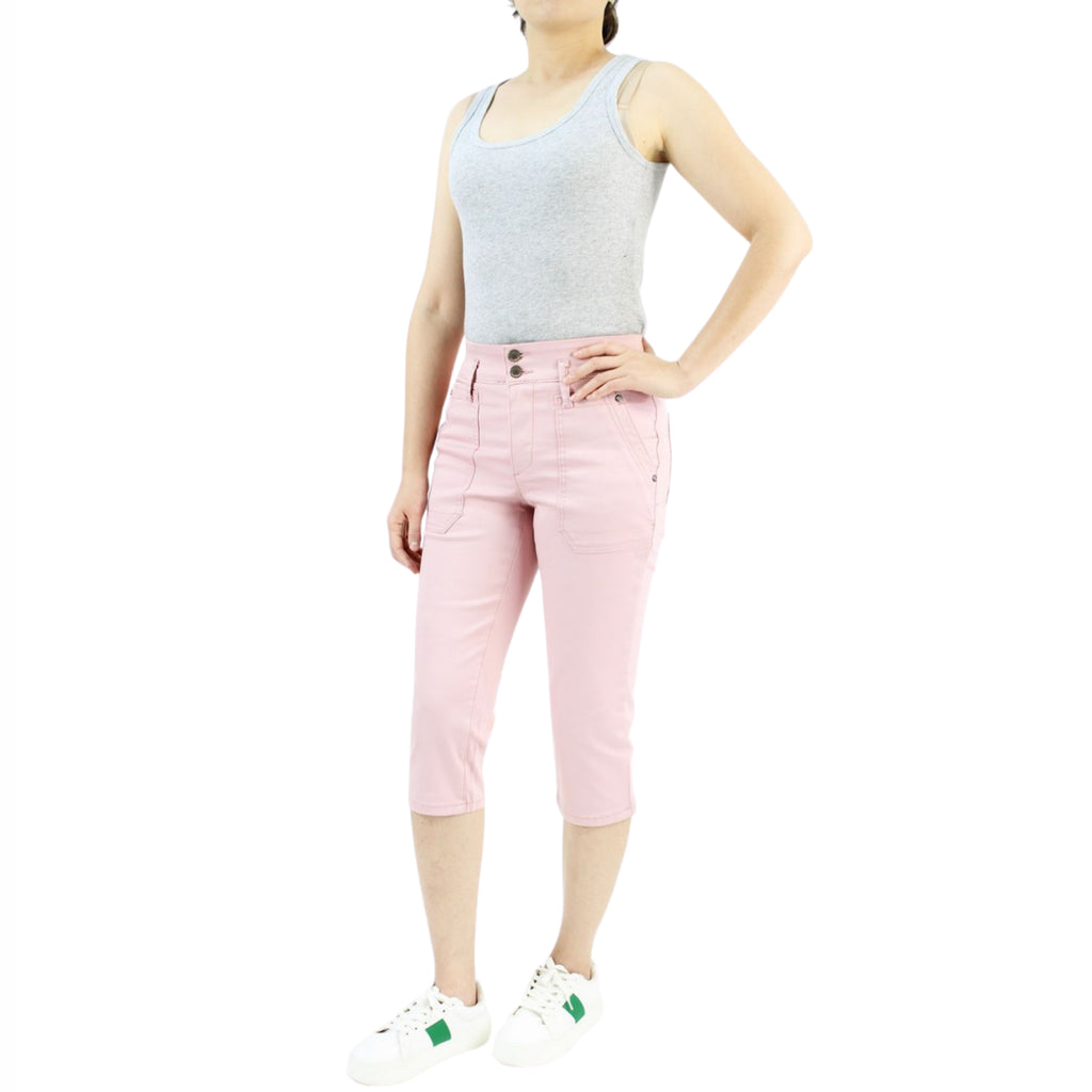 Two-Button Tummy Control Pink Capri with Patch Pockets