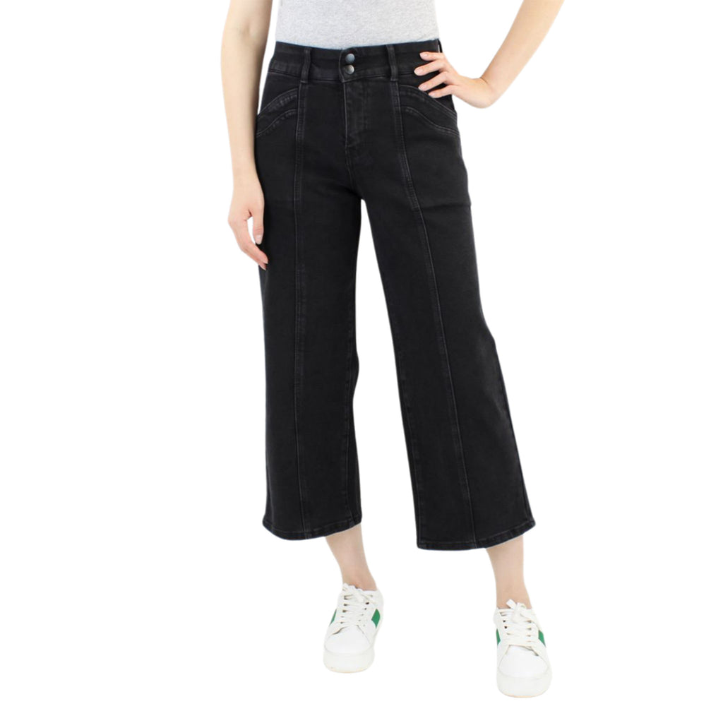 Black Tummy Control Wide Leg Crop with Front Pocket Detail