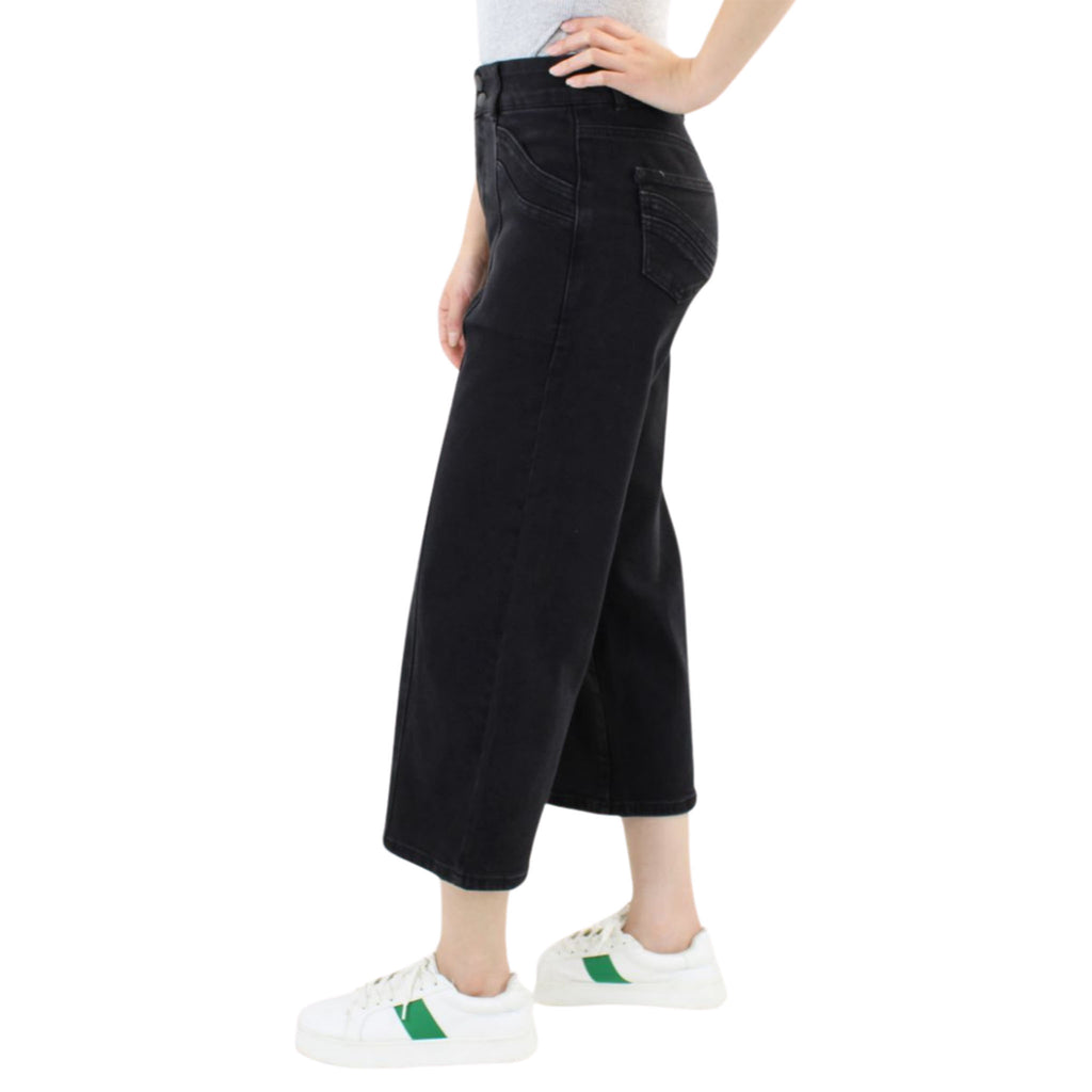 Black Tummy Control Wide Leg Crop with Front Pocket Detail
