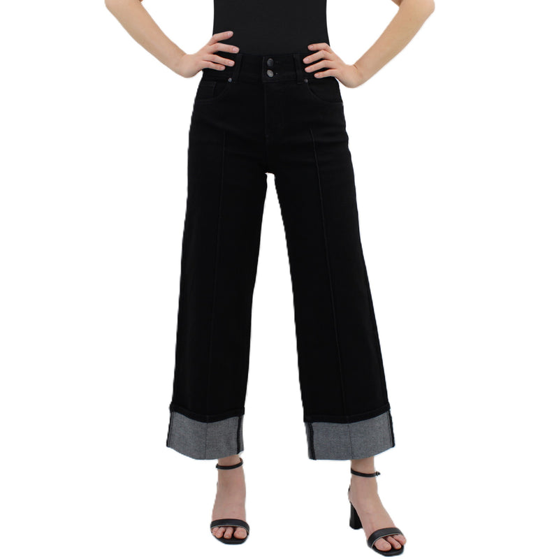 Black High-Rise Wide-Leg Cropped Cuff Tummy Tuck Jeans