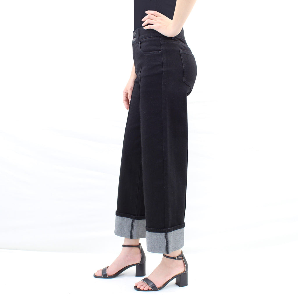 Black High-Rise Wide-Leg Cropped Cuff Tummy Tuck Jeans