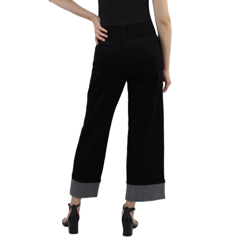 Black High-Rise Wide-Leg Cropped Cuff Tummy Tuck Jeans