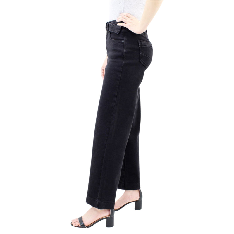 Two Botton Tummy Control Wide Leg Black Jeans with Belt