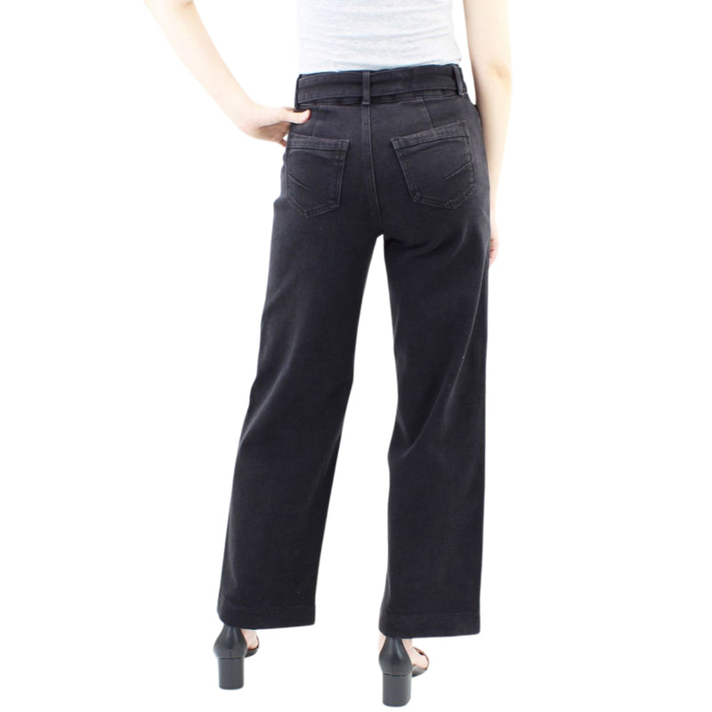 Two Botton Tummy Control Wide Leg Black Jeans with Belt