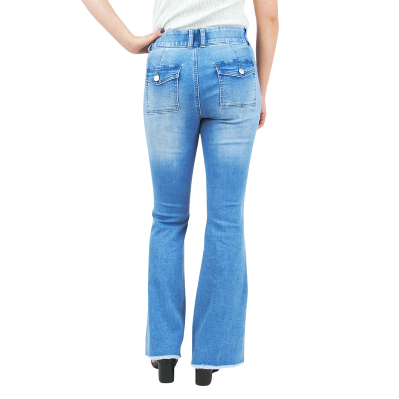 Light Wash Five Button Tummy Control Bootcut with Back Flap Pockets