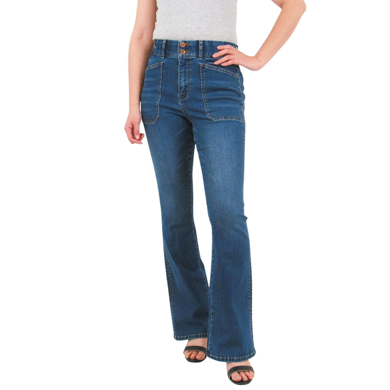 Medium Wash Two Button Tummy Control Bootcut with Patch Pockets