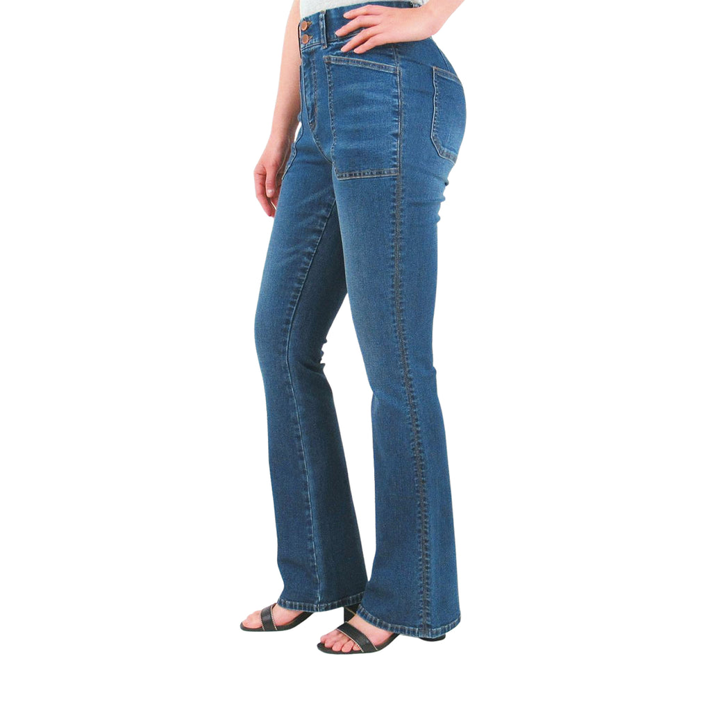 Medium Wash Two Button Tummy Control Bootcut with Patch Pockets