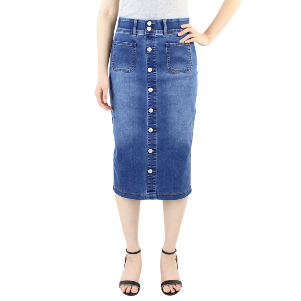 Two Button Tummy Control Denim Skirt with Back Slit Detail