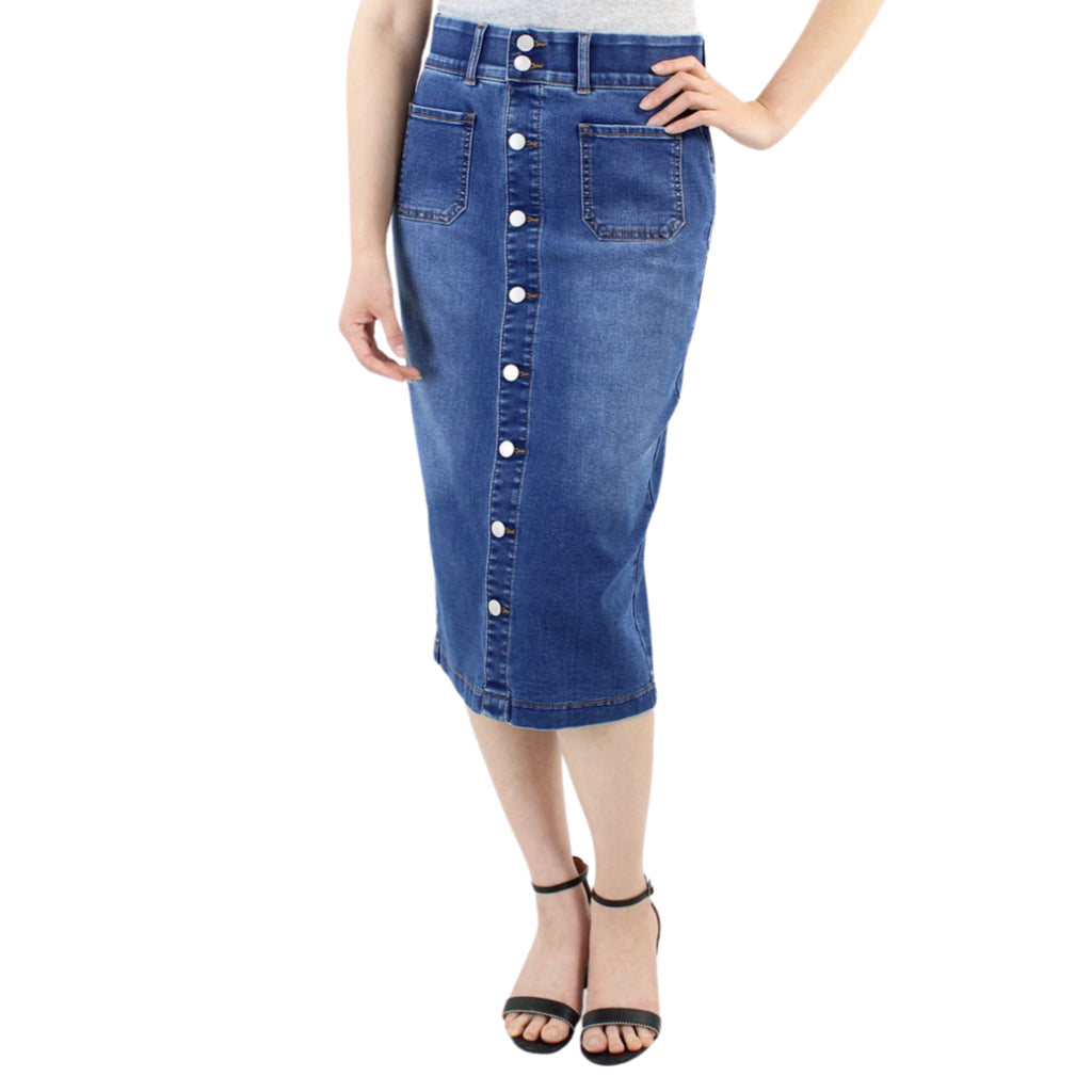 Two Button Tummy Control Denim Skirt with Back Slit Detail