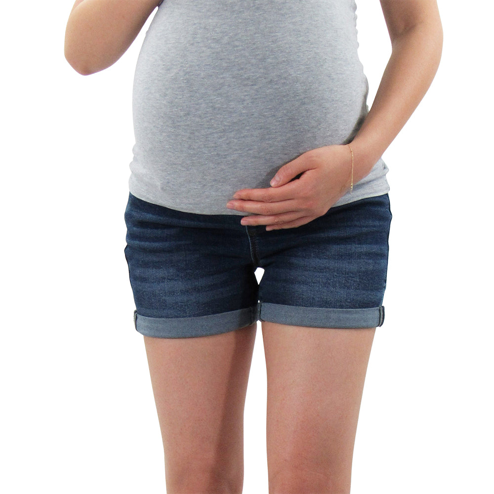 Rolled Cuff Denim Maternity Short with Belly Band