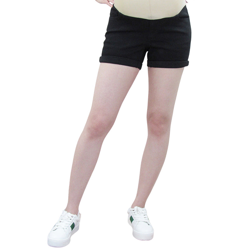 Rolled Black Maternity Denim Short with Belly Band