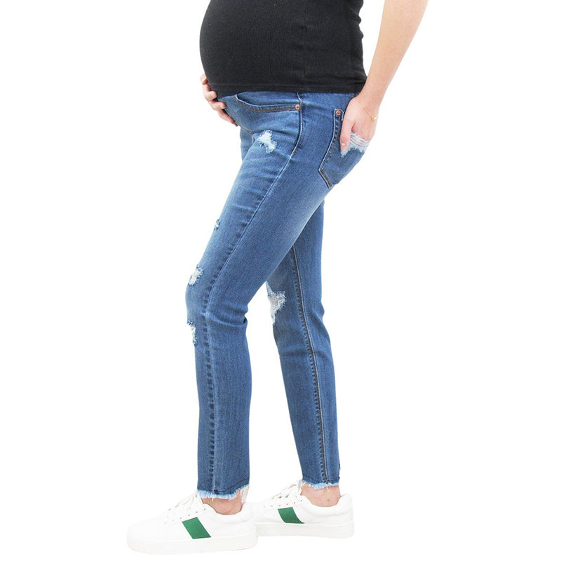 Chewed Hem Maternity Skinny Jean with Destructed Back Pocket