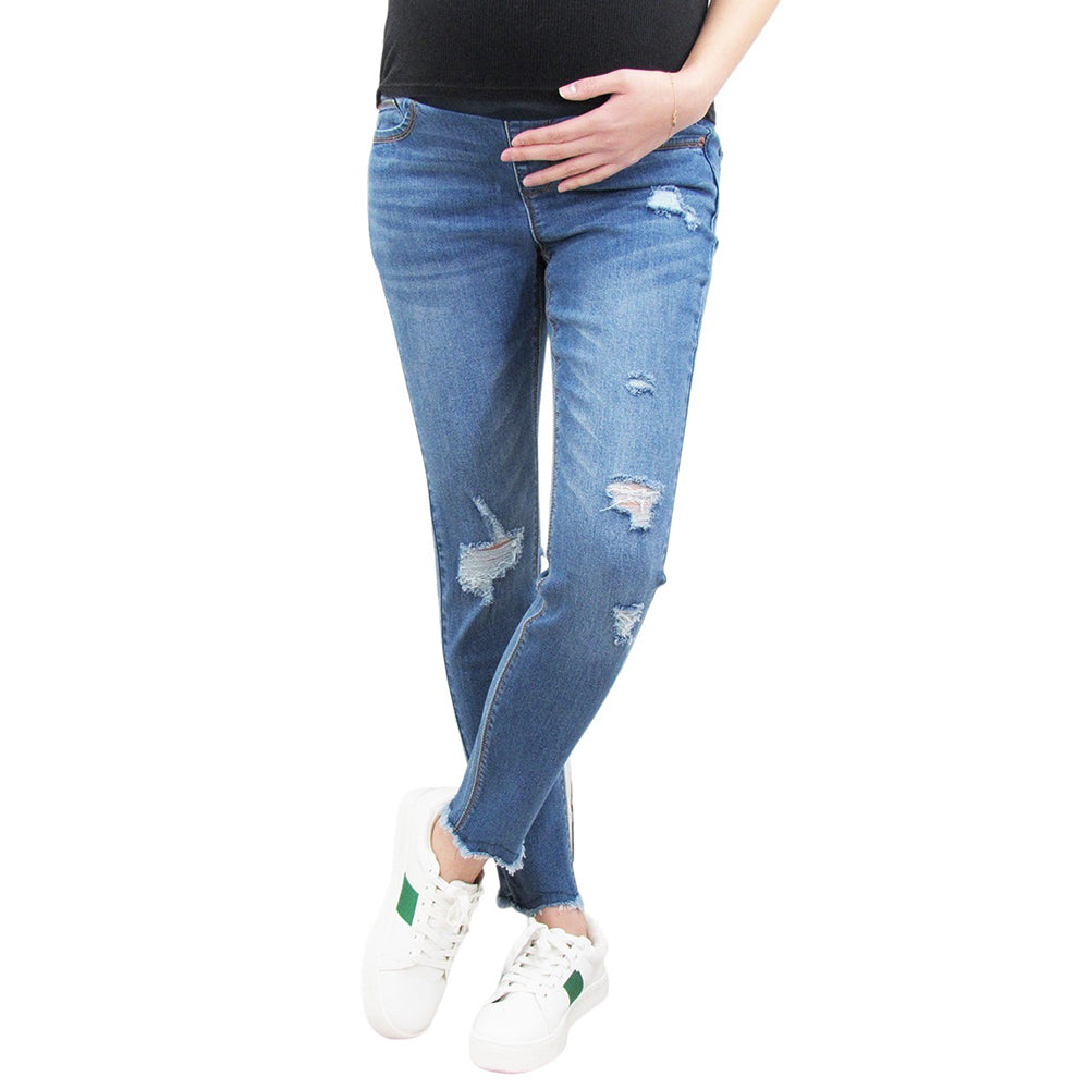 Chewed Hem Maternity Skinny Jean with Destructed Back Pocket