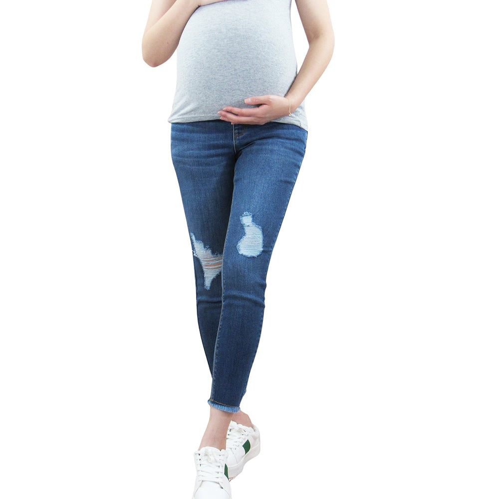 Fray Ankle Skinny Maternity Jean with Belly Band