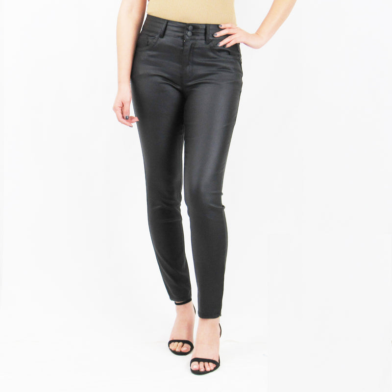 Black Coated Hypertwill 2 Button Butt Lifter Skinny Pants