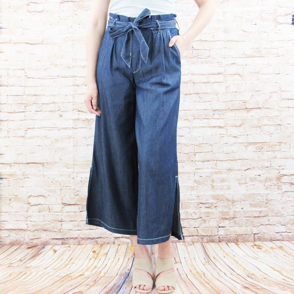 Wide Leg Paperbag Waist Belted Chambray Pants