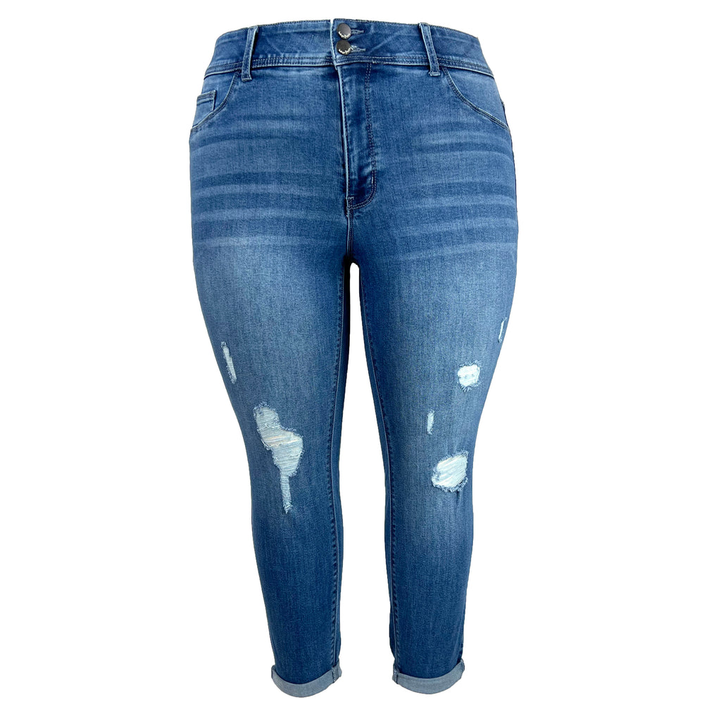 Tummy Control Distressed Jeans with Rolled Cuff